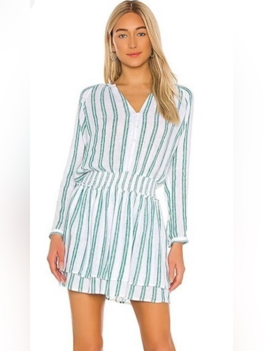 NWT Rails Women’s Linen Smocked Green & White Striped Jasmine Mini Dress - Small